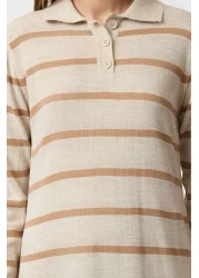  Modest Stone Polo Buttoned Neckline Striped Knitwear Dress Tctaw22Eb0212