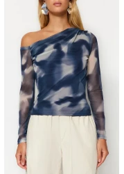  Collection Petrol Abstract Pattern Tulle Lined Asymmetric Collar Knitted Blouse Twoaw24Bz00051