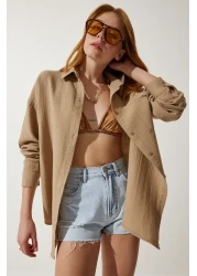Happiness İstanbul Women's Beige Oversize Muslin Shirt with Pockets MX00150