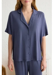  Collection Navy Blue Comfortable Fit Viscose Maternity Knitted Pajamas Set Thmss25Pt00165