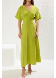  Collection Oil Green V-Neck Maxi Dress - A-Line with Bodice Detail Twoss24El00620