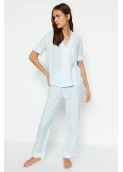  Collection Blue Striped Viscose Shirt-Pants Woven Pajamas Set THMSS21PT0159