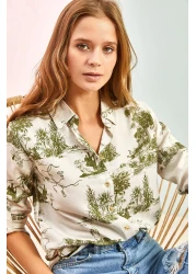 Bianco Lucci Women's Sleeve Folded Linen Shirt with Forest Illustrations
