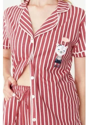  Collection Animal Print Pink Striped Knitted Pajamas Set - Shirt and Pants THMSS21PT0878