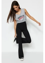  Collection Black Ribbed Flare / Flare Leg High Waist Stretchy Knitted Leggings Trousers TWOSS23PL00135