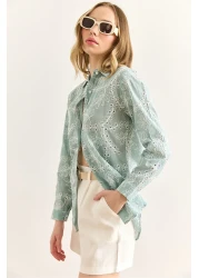 Olalook Women's Green Geometric Scallop Detailed Shirt Gml-19001324