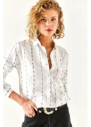 Olalook قميص نسائي من الكتان بتفاصيل خياطة بيضاء GML-19001144