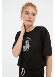  Collection Black Cotton Leisure Printed Piping Detail Knitted Pajamas Set Thmss21Pt0953