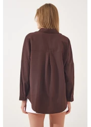 Happiness İstanbul قميص أساسي طويل بني كبير الحجم للنساء DD00842