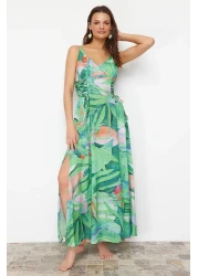 Collection فستان شاطئ طويل منسوج بطباعة استوائية باللون الأخضر TBESS24EL00098