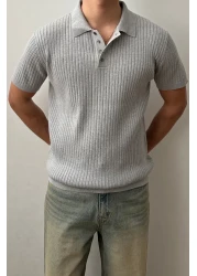 Tarz Cool تي شيرت تريكو بياقة بولو بأزرار رمادية اللون للرجال