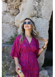 bytugcekaya Cherry Color Dress with Bat Sleeve and Slit Detail