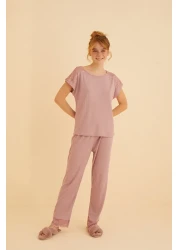 Siyah İnci Lilac Lace Detailed Soft Touch Slim Knitted Pajamas Set