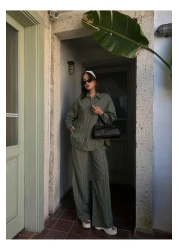 minaaise Women's Green Striped Wide Cut Viscose Fabric Shirt and Pants Bottom/Top Suit 29046