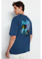  Collection تي شيرت قطني كبير الحجم مطبوع باللون النيلي الغامض - TMNSS22TS0838