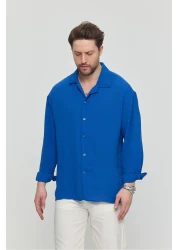 Gray Clothing قميص رجالي صيفي فضفاض من الكتان النيلي Ayrobin فضفاض مناسب للصيف