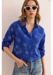 Olalook Women's Ivy Saks Blue Sleeve Fold Linen Shirt Gml- 19000825