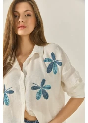 Bianco Lucci Women's Leaf Bead Embroidered Aerobin Oversize Shirt 60283024