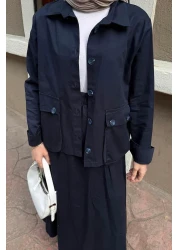 lamelif طقم حجاب بتفاصيل جيب وتنورة مزدوجة باللون الأزرق الداكن