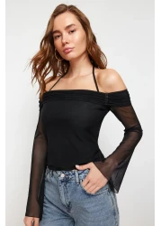  Collection Black Flare Sleeves Lacing Detail Knitted Madonna Neck Blouse Twoss24Bz00046