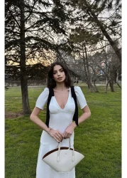 Afiş Butik White Deep V-Neck Off the Shoulder Bow Detail Lined Long Dress