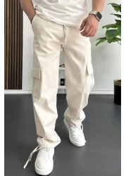 Edwox Men's Cargo Pocket Adjustable Leg Baggy Trousers Cream Edw355