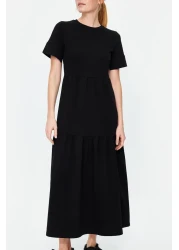  Collection Black Gathered Short Sleeve Knitted Maxi Dress TWOSS24EL00132
