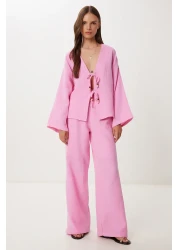 Happiness İstanbul Women's Pink Lacing Detailed Muslin Bottom-Top Set Bv00171