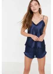  Collection Navy Blue Ruffled Rope Strap Satin Shorts Woven Pajamas Set Thmss22Pt0274
