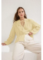  Collection Yellow Cotton Lace on Sleeve Regular Fit Fabric on Sleeve