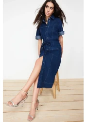  Collection Blue Belted Maxi Denim Dress Twoss24El00531