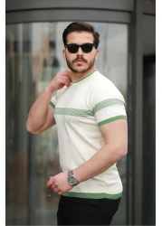 Miron Ecru Crew Neck Striped Knitwear T-Shirt - 2418