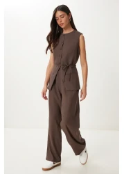 Happiness İstanbul Women's Brown Tie Detailed Linen Vest Trousers Suit No00026