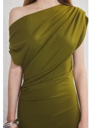  Collection Oil Green Midi Knitted Dress with Draped Detail
