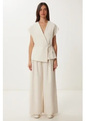 Happiness İstanbul Women's Cream Linen Vest Pants Suit No00020