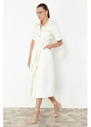  Collection فستان طويل من قماش الدنيم بحاشية إكرو مع حزام TWOSS24EL00377