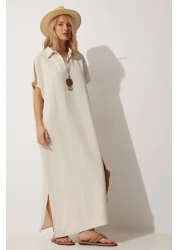 Happiness İstanbul Women's Cream Necklace Long Summer Linen Dress ZH00015
