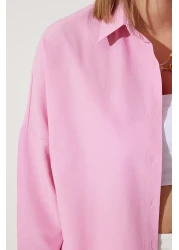 Happiness İstanbul قميص أساسي طويل وردي كبير الحجم للنساء DD00842