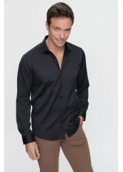 Morven قميص رجالي أسود بقصة ضيقة وأكمام طويلة وياقة صلبة