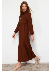  Modest Brown Stand Collar Crinkle Wide Fit Woven Dress TCTSS22EB00171