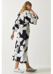 Happiness İstanbul Women's Black and White Wraped Collar Patterned Summer Viscose Dress DK00166