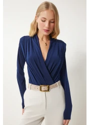 Happiness İstanbul Women's Navy Blue Wraped Collar Padded Sandy Blouse with Snap Fasteners Zh00039