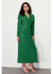  Modest فستان قميص منسوج من الكتان بحزام كاكي TCTSS24EB00017