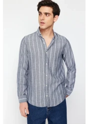  Collection قميص أزرق داكن مخطط بقصة ضيقة - ياقة بأزرار TMNSS22GO0028