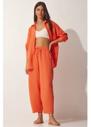 Happiness İstanbul Women's Orange Linen Shirt Baggy Trousers Set DZ00080