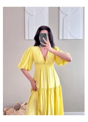 LOCH BUTİK فستان طويل أصفر بأكمام قصيرة ورقبة على شكل حرف V للنساء