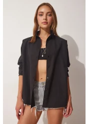 Happiness İstanbul قميص بوبلين أساسي أسود كبير الحجم للنساء BH00420