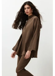  Modest Brown Collar Detailed Woven Bottom Top Suit Tctss24Us00055