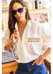 Olalook Women's Ecru Pocket Embroidery Detailed Casual Woven Linen Shirt GML-19001009