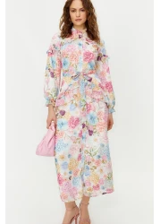  Modest فستان من الشيفون المنسوج ومبطن ومكشكش ومزين بنقشة الزهور أرجواني TCTSS24EB00003